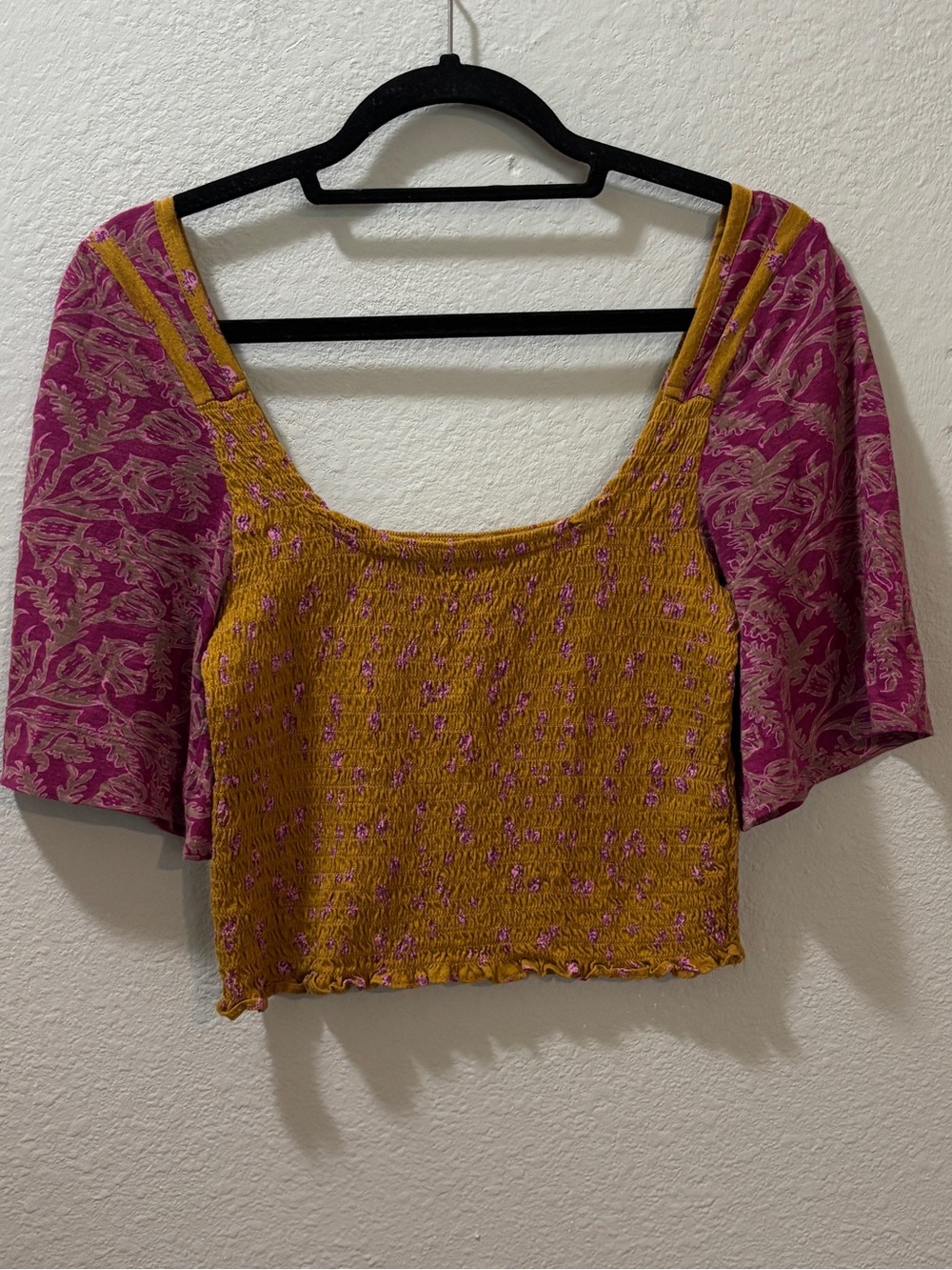 Free People Smocked Floral Boho Crop Top Mustard & Pink Size Small